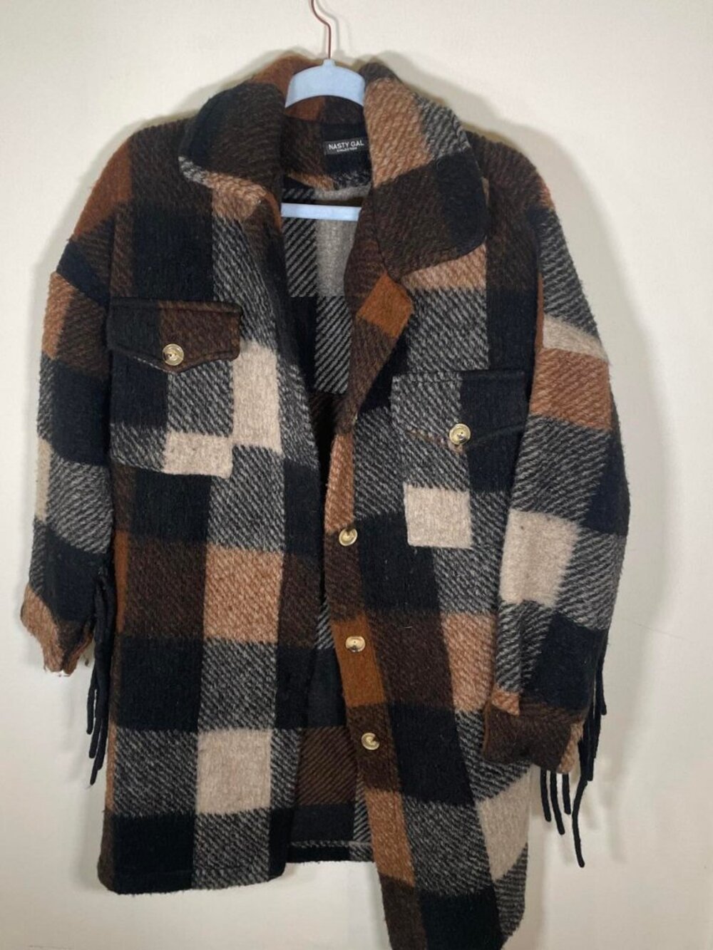 Nasty Gal Black & Brown Plaid Coat with Fringe Details